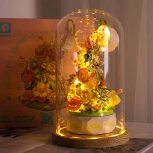 森宝花颜茶语积木花音乐盒创意模型男女孩益智DIY玩具摆件礼物