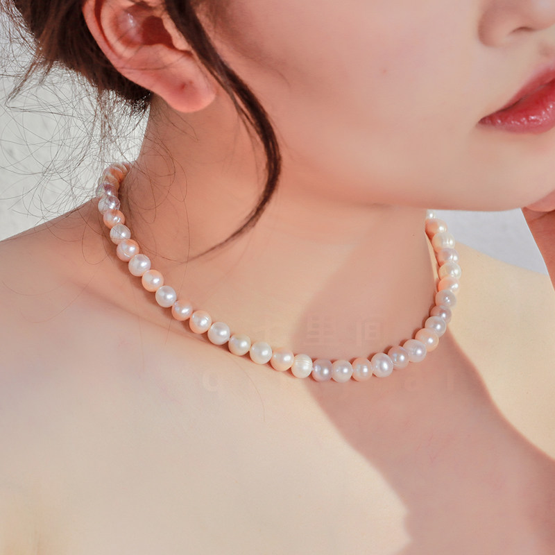 天然淡水珍珠项链女小众气质款精美近圆8-9mm强光螺纹珠特价包邮