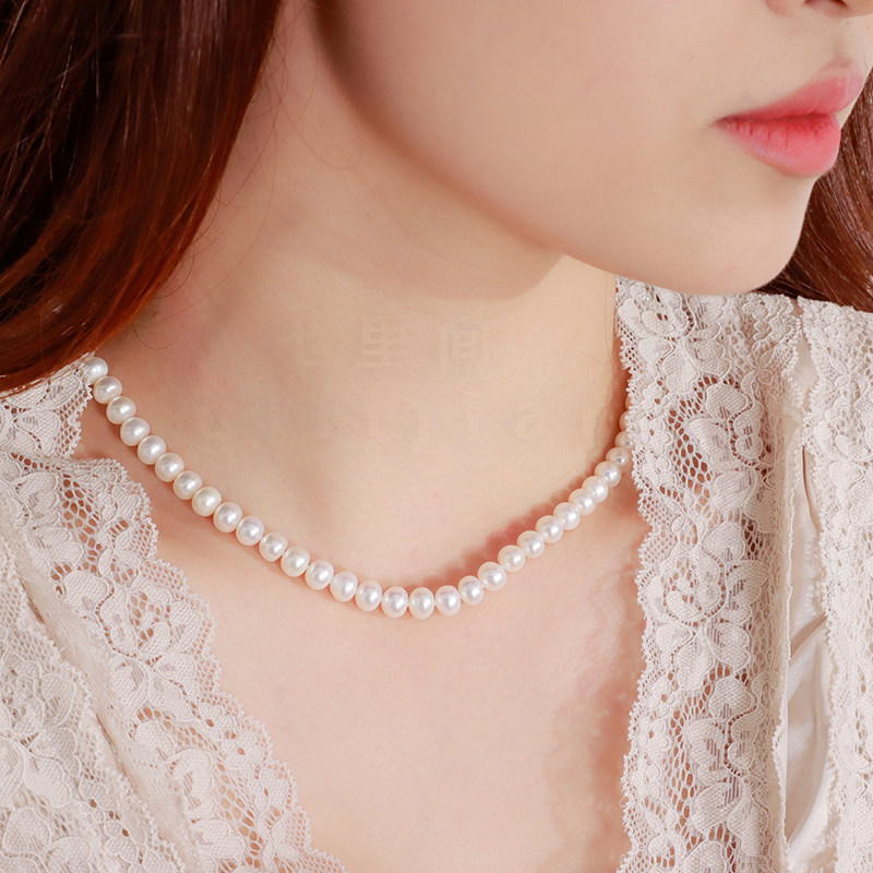 天然淡水珍珠项链女夏气质款颈链7mm强光扁圆基本无暇特价包邮