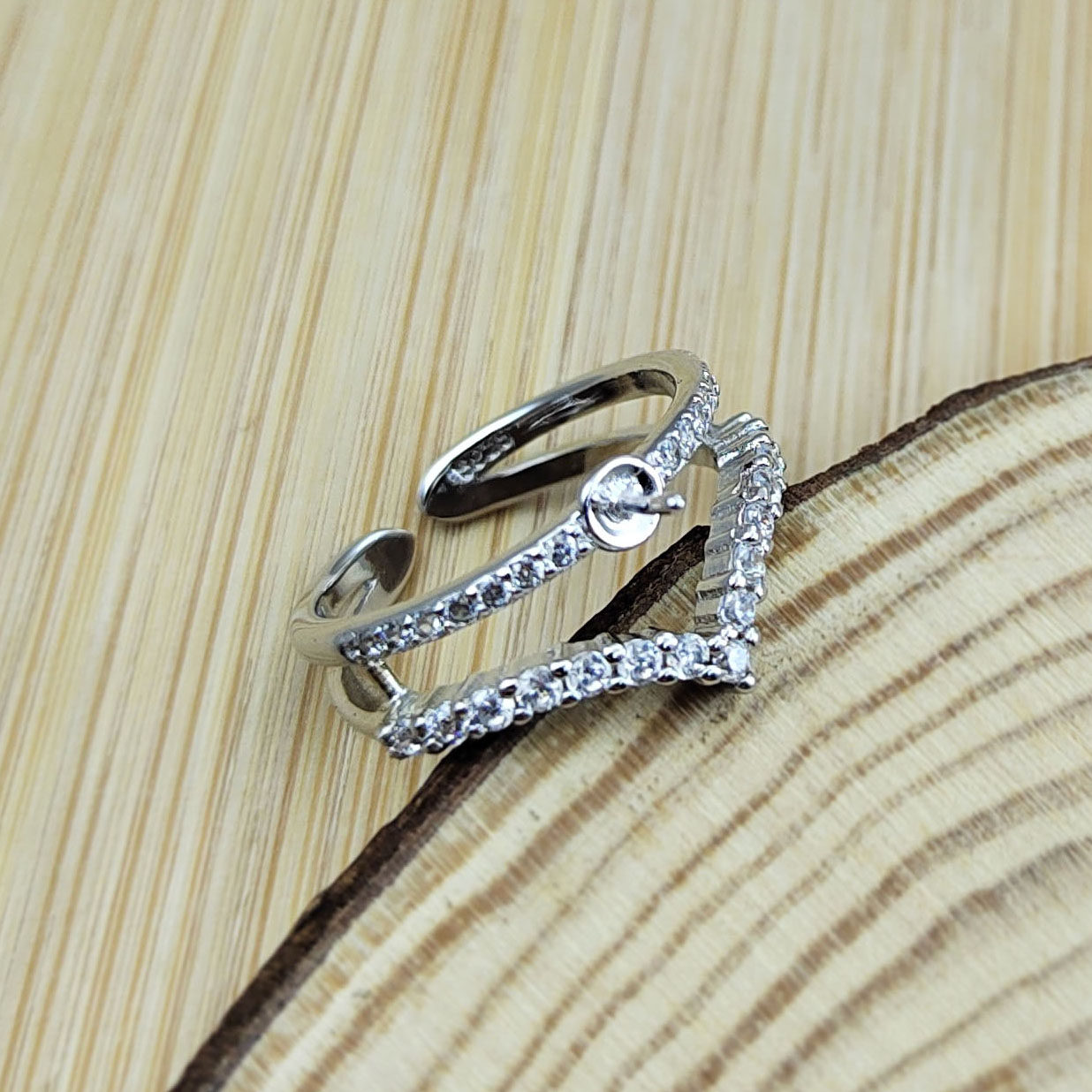 珍珠戒指配件手工S925纯银活口皇冠镶钻精美秀气珍珠diy指环空托