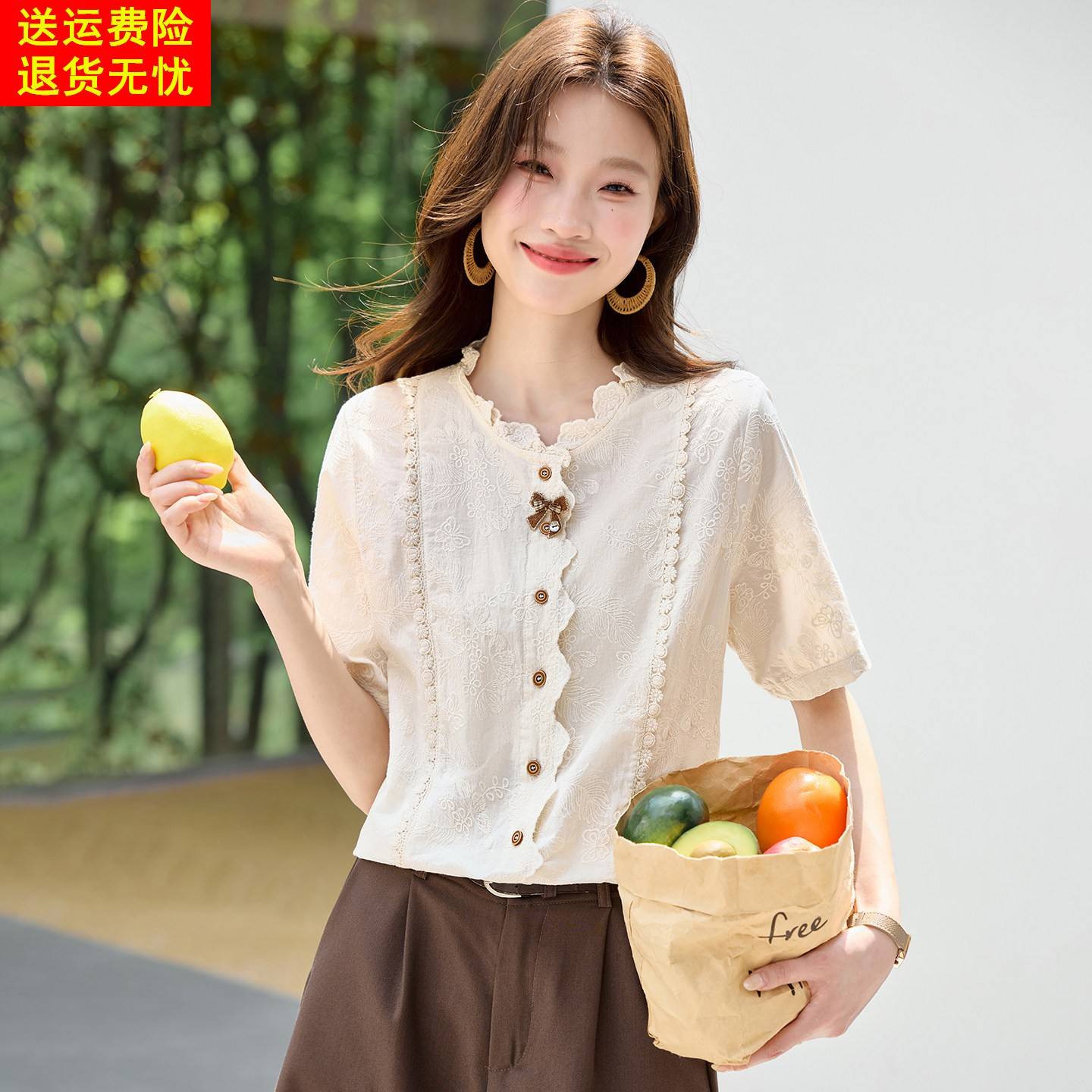 夏季法式复古刺绣纯棉衬衫女高级感洋派减龄上衣花瓣领蝴蝶结小衫