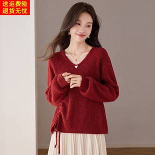 新款时尚毛衣女秋冬抽绳设计超好看短款宽松遮肚子显瘦针织打底衫