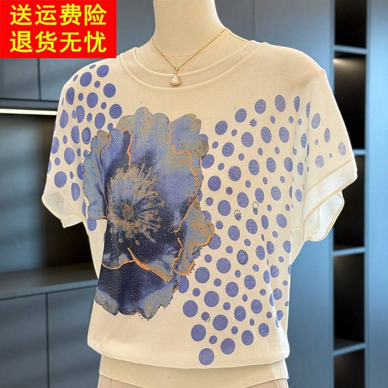 时尚休闲妈妈装印花针织衫女短袖夏装新款上衣气质百搭中老年T恤