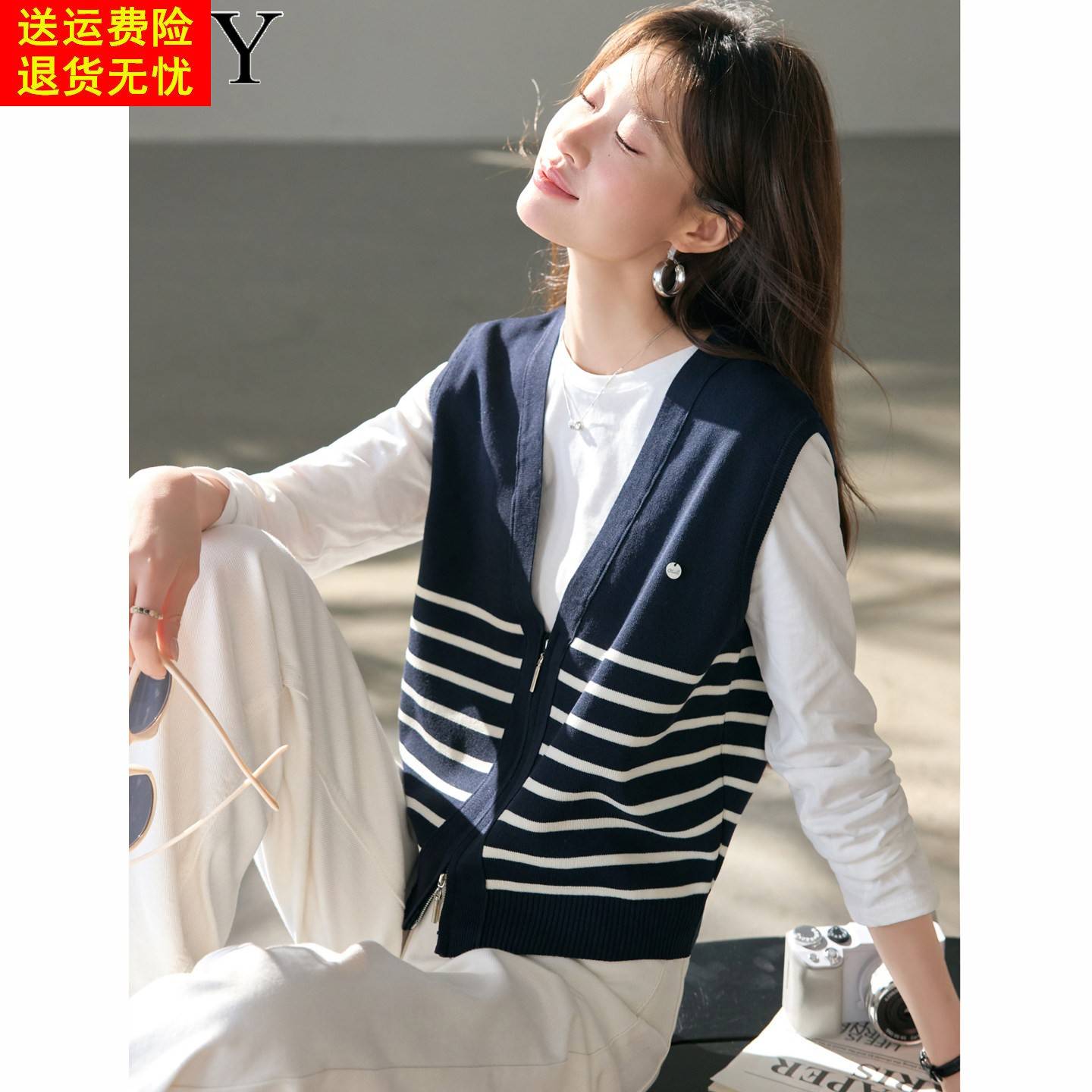 2026夏日新款小个子V领针织马甲拉链减龄时尚休闲短款经典上衣女