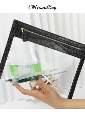 新款真皮鳄鱼纹PVC透明化妆包手抓包便携旅行包时尚超薄可印字母