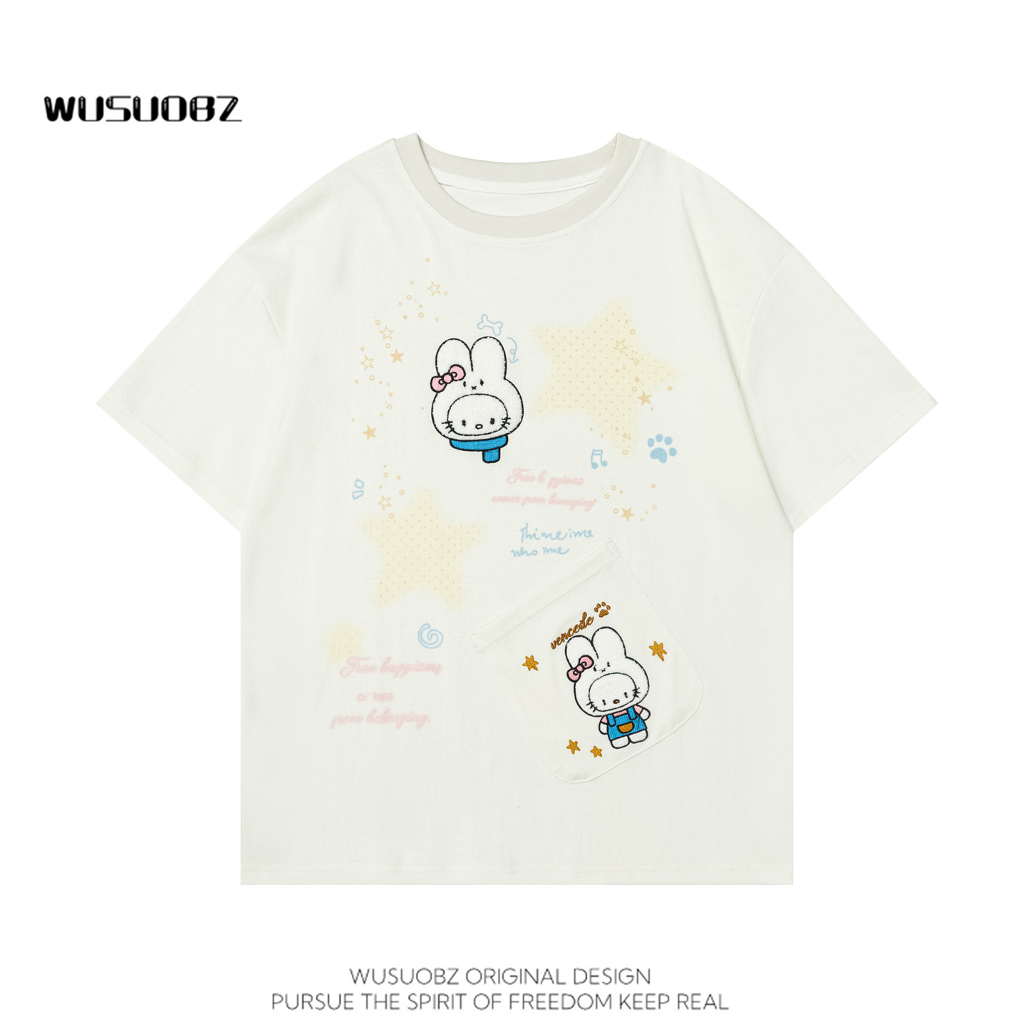 WUSUOBZ日系甜酷兔子刺绣短袖T恤女2026夏季宽松减龄情侣圆领半袖