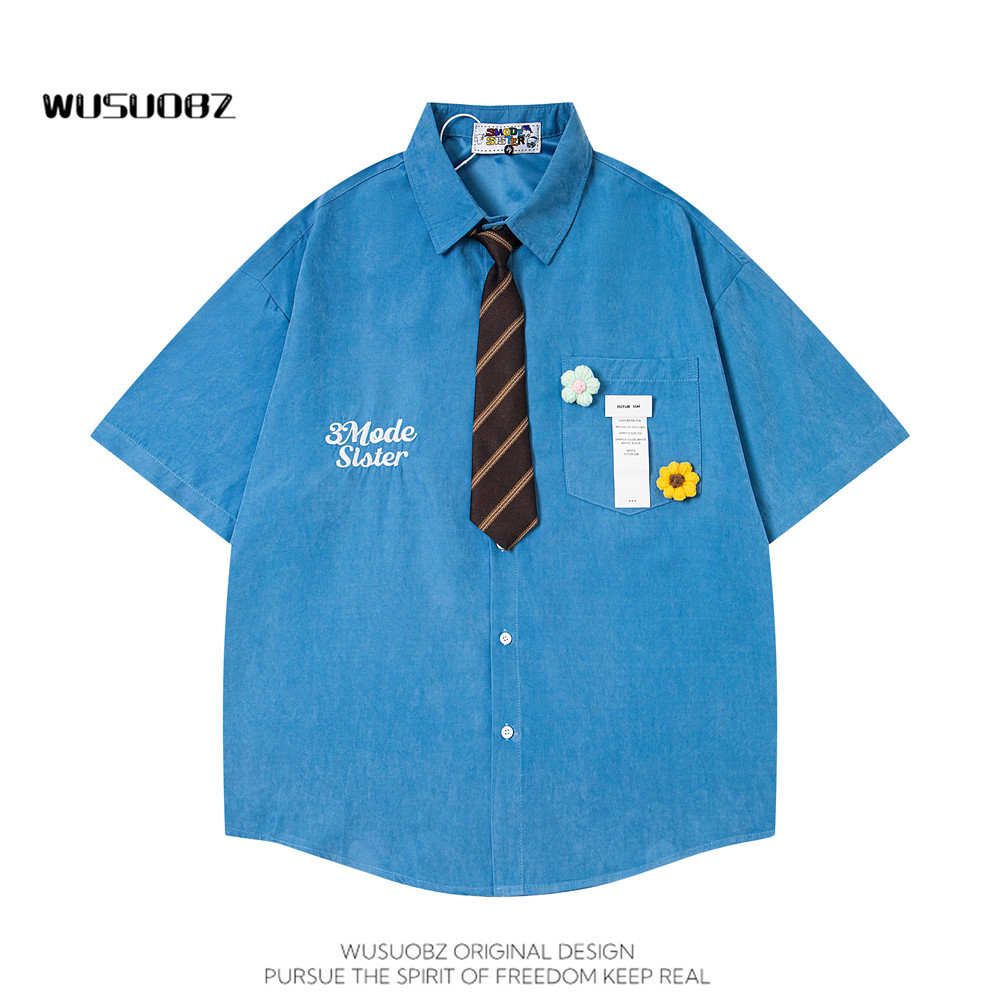 WUSUOBZ 多巴胺别针领带设计感短袖衬衫男女2025夏季宽松休闲衬衣