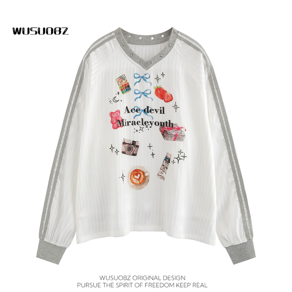 WUSUOBZ 趣味图案印花V领铆钉长袖T恤秋季blokette薄罩衫运动球衣