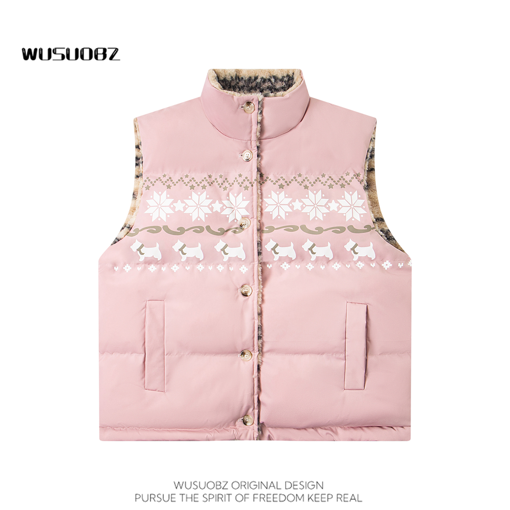 WUSUOBZ 美式复古双面穿设计感摇粒绒马甲外套男女冬季羊羔绒棉服