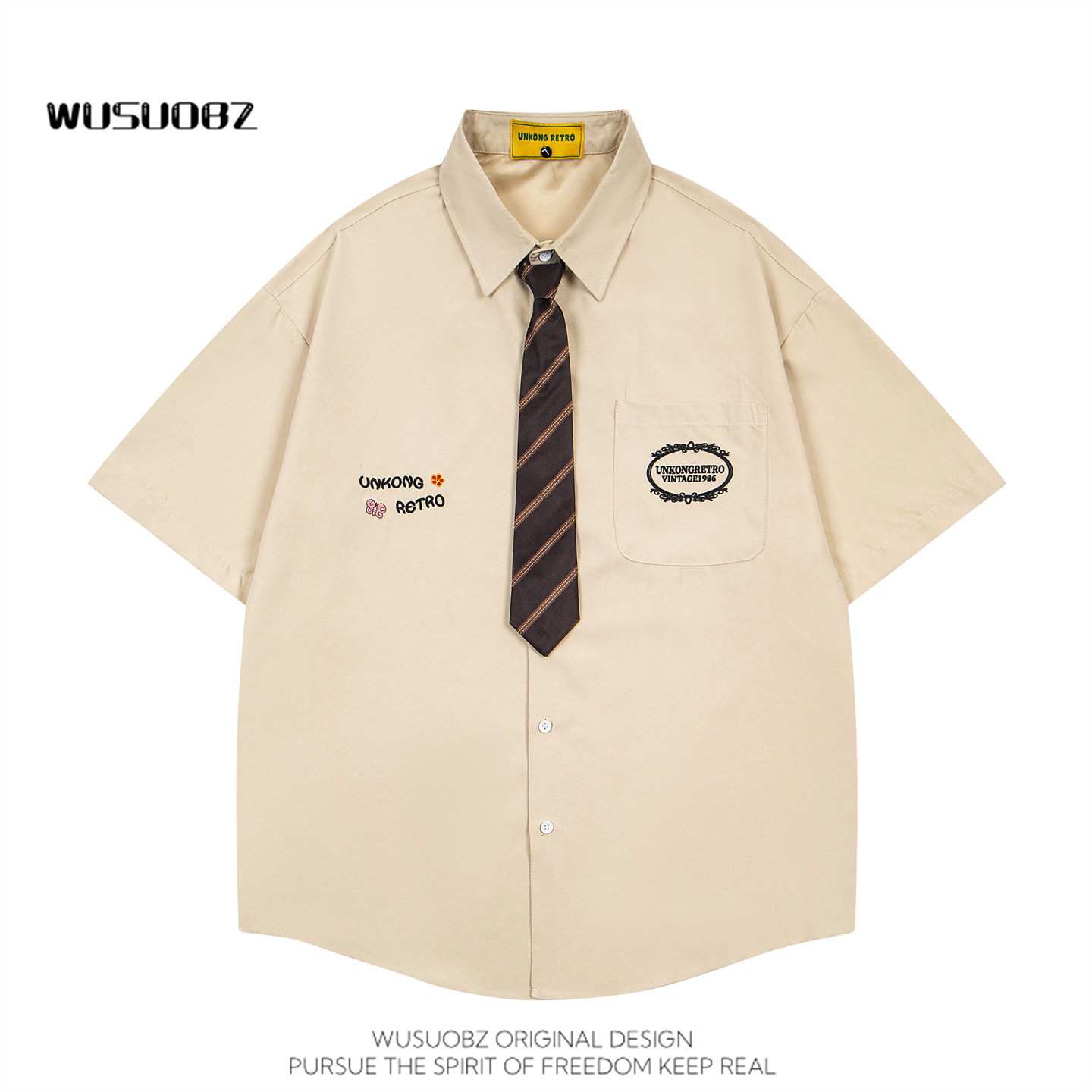 WUSUOBZ美式复古领带短袖衬衫女2026夏季学院风宽松情侣衬衣ins图片