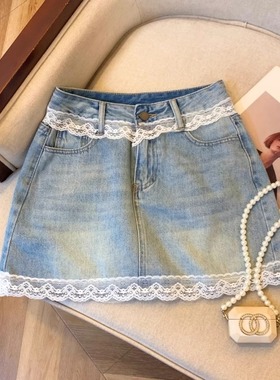 韩版蕾丝拼接牛仔包臀裙女2025夏季款水洗浅蓝色a字裙高腰半身裙