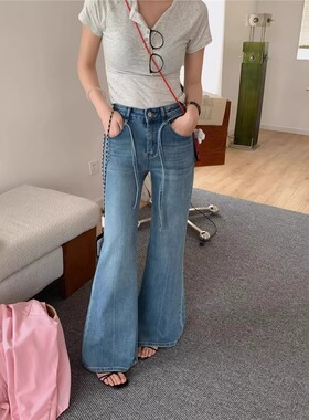 浅蓝色系带高腰微喇牛仔裤女夏季宽松弹力不贴腿休闲喇叭拖地长裤