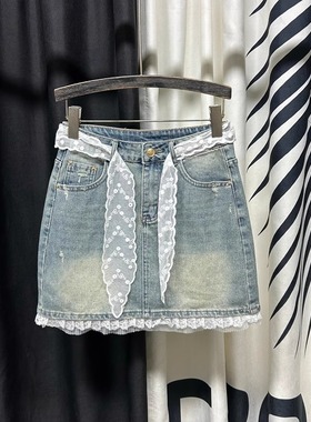 蓝色复古高腰半身裙女2025年夏季新款蕾丝拼接设计感防走光短裙子