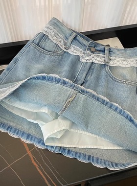 蓝色高级感蕾丝设计感半身裙女装夏季甜美气质牛仔辣妹小个子短裙