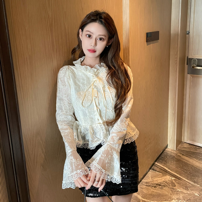 2025年网红新款专柜减龄休闲宽松显瘦花边拼接长袖防晒衬衫女上衣