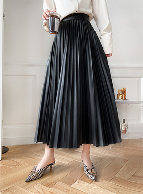 百褶裙气质大摆长裙黑色皮裙高腰裙子女半身裙冬季a字裙2024新款