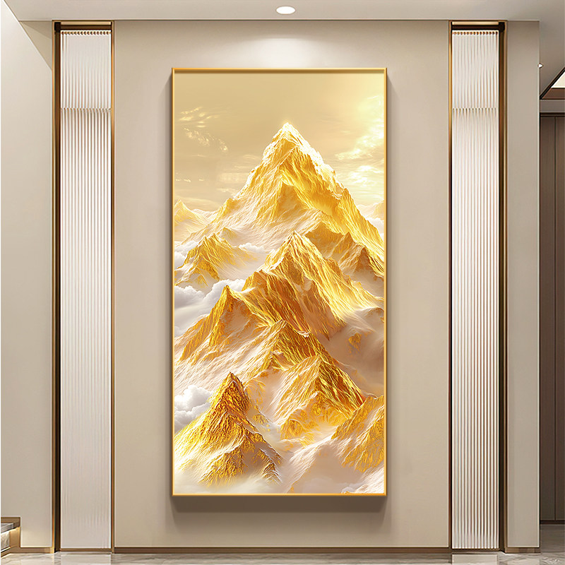 日照金山入户玄关装饰画竖版西墙山水画挂画背有靠山走廊过道壁画