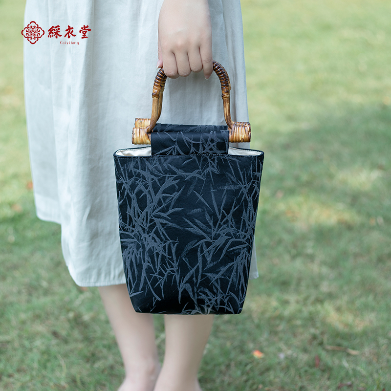 彩衣堂新中式国风文艺竹节手提手腕包藤编提手拎包布袋单肩包女AC