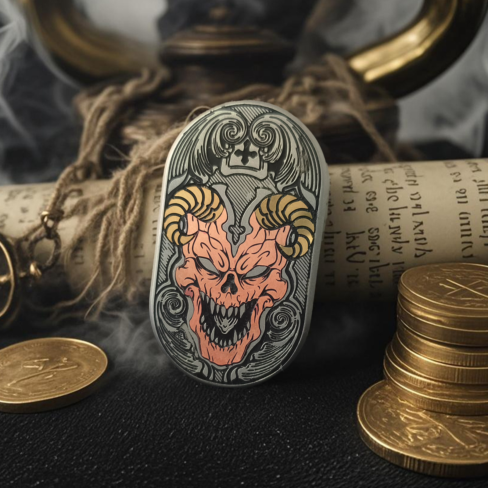 不锈钢雕刻烛魔EDC律动机械密集金属推牌棘轮解压神器玩具暴躁兔
