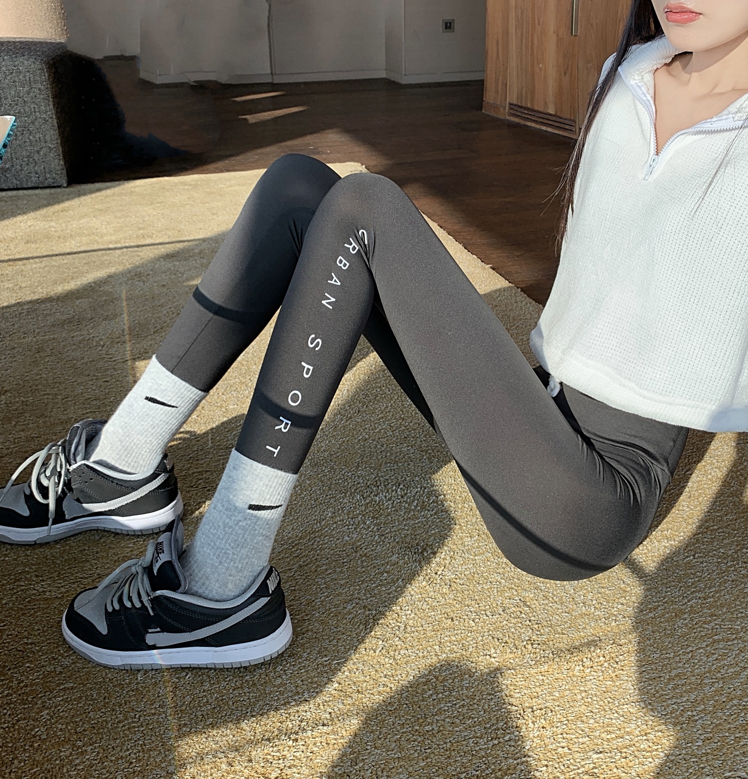 Real shot real price letter printing shark skin Leggings women's outer wear slim leg pressure yoga pants with small feet and velvet