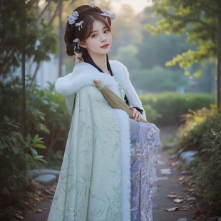 汉服女长斗篷加绒加厚披肩外套中国风古装保暖古风毛领披风秋冬季