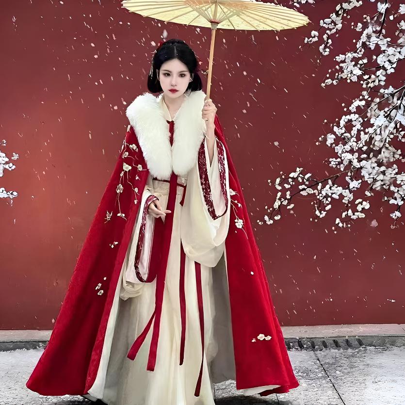 大氅斗篷汉服女加绒加厚披肩中国风长款毛领外套红色白色保暖披风