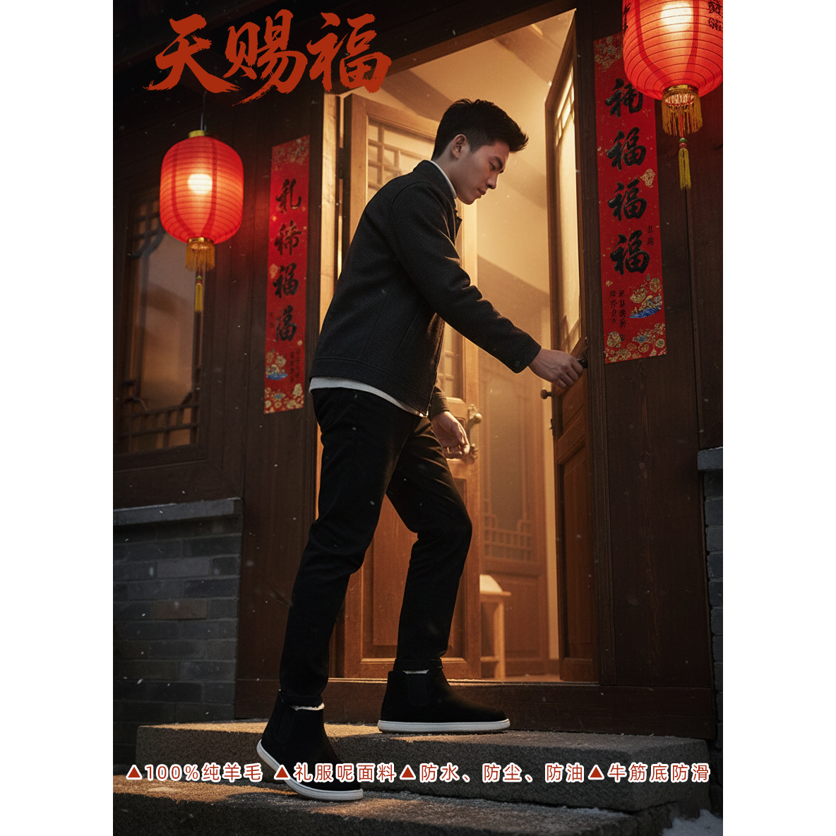 天赐福礼服呢绵羊毛皮毛一体冬季老北京男千层底加厚保暖男鞋,流行男鞋,布鞋,淘宝优惠券,粉丝福利购,淘宝优惠卷