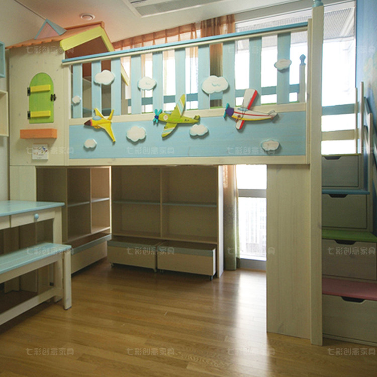 童趣飞机造型实木儿童床单层高架床上床下储物柜带儿童学习桌定制