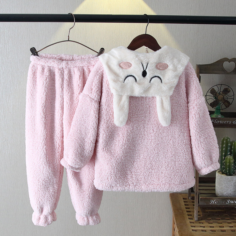 韩版兔耳朵女孩法兰绒家居服套装 秋冬季加厚女童珊瑚绒儿童睡衣