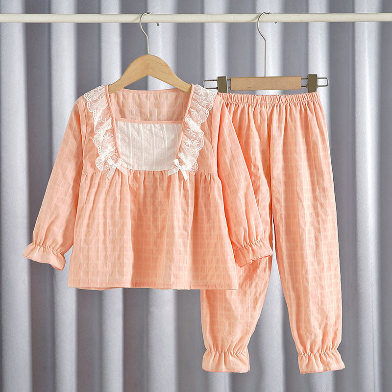 春夏季小孩薄款长袖长裤儿童睡衣　公主女童纯棉纱空调家居服套装