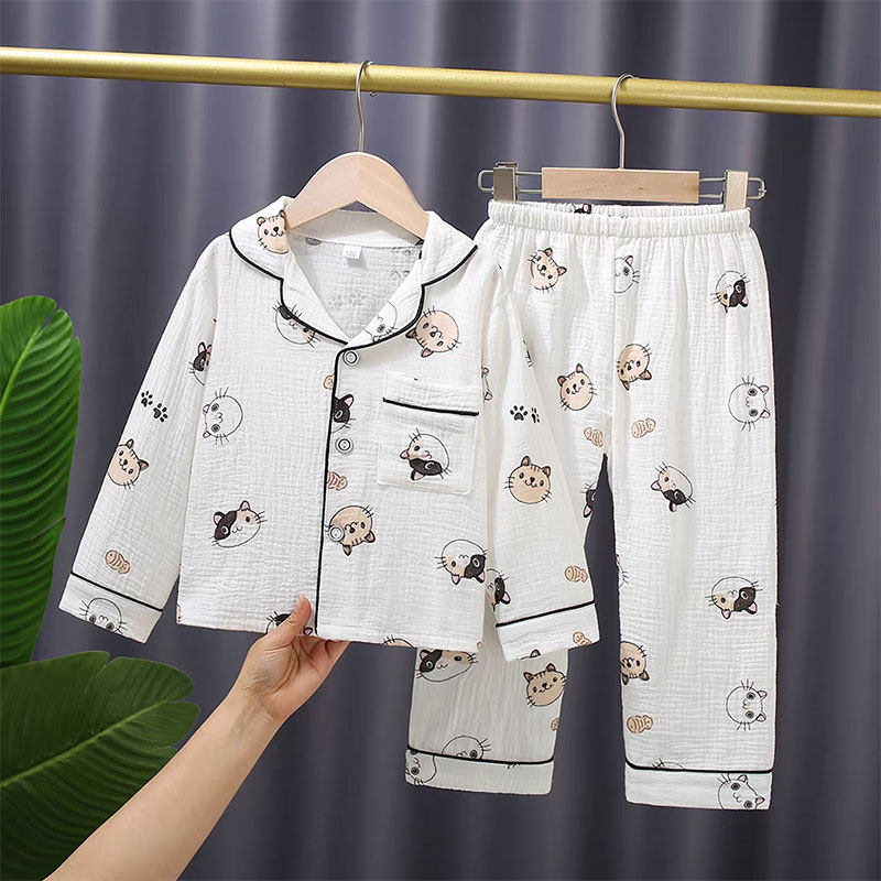 春夏儿童纯棉纱布家居服长袖套装双层纱布男孩女孩空调服棉家居