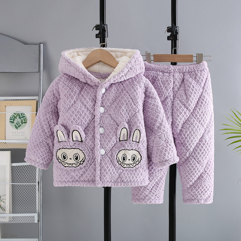 新款卡通女童加绒加厚家居服三层夹棉牛奶绒儿童夹棉连帽睡衣套装