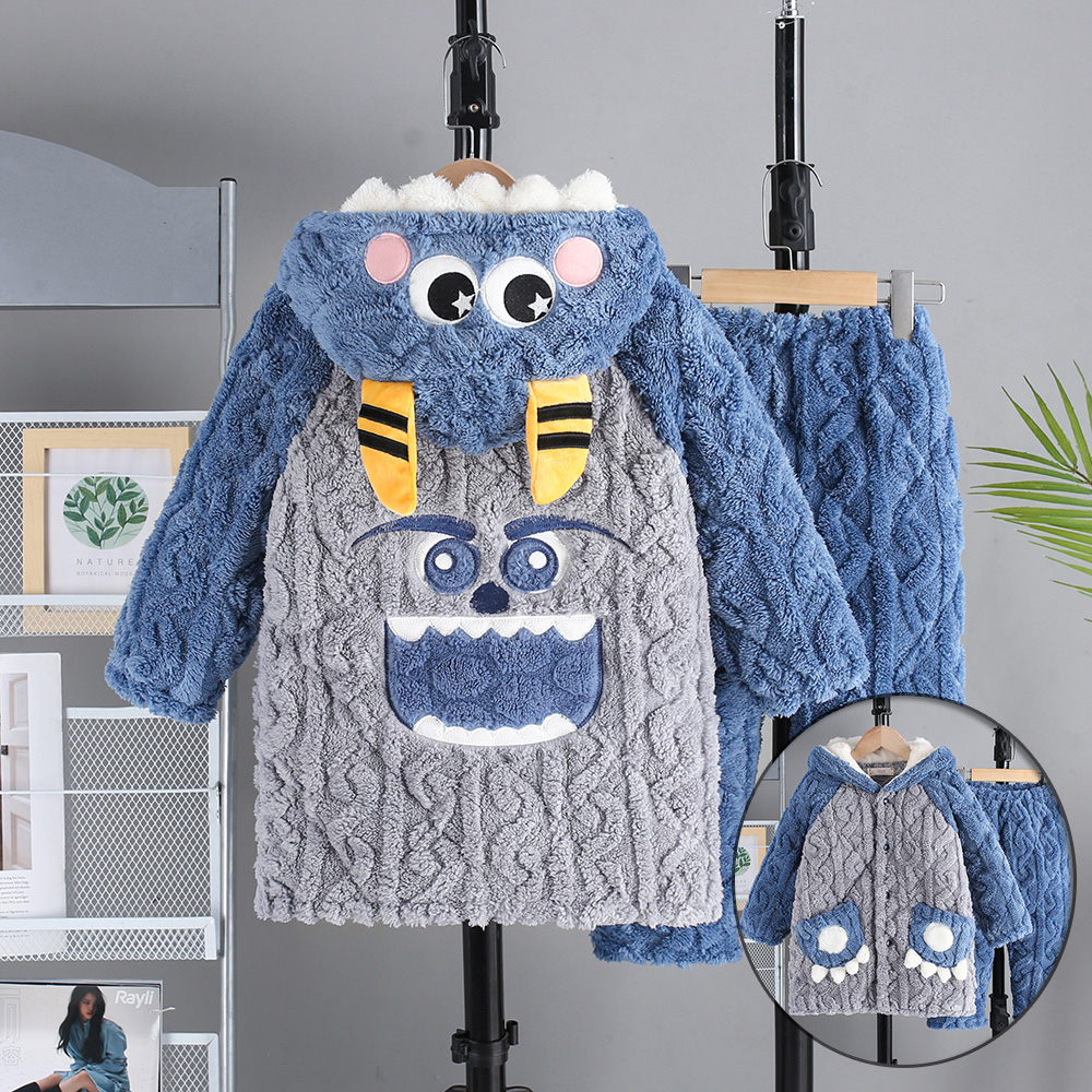 中长法兰绒夹棉家居服超厚卡通冬