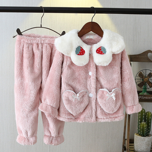 拼色母女装长毛法兰绒家居服 秋冬加厚亲子款女童珊瑚绒儿童睡衣