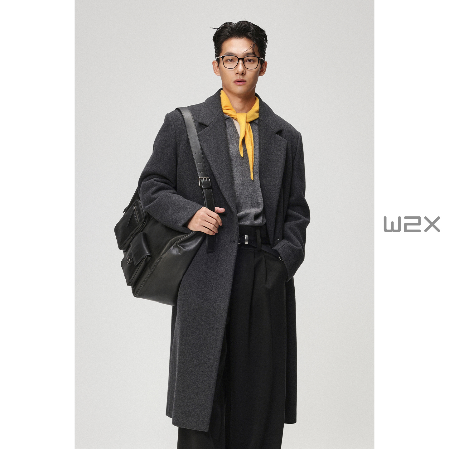 微落肩羊毛呢大衣长款过膝外套