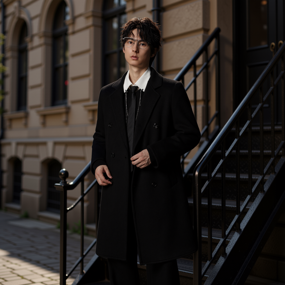 w2x羊毛呢大衣老钱风秋冬季新款冬装男中长款风衣双面呢西装外套