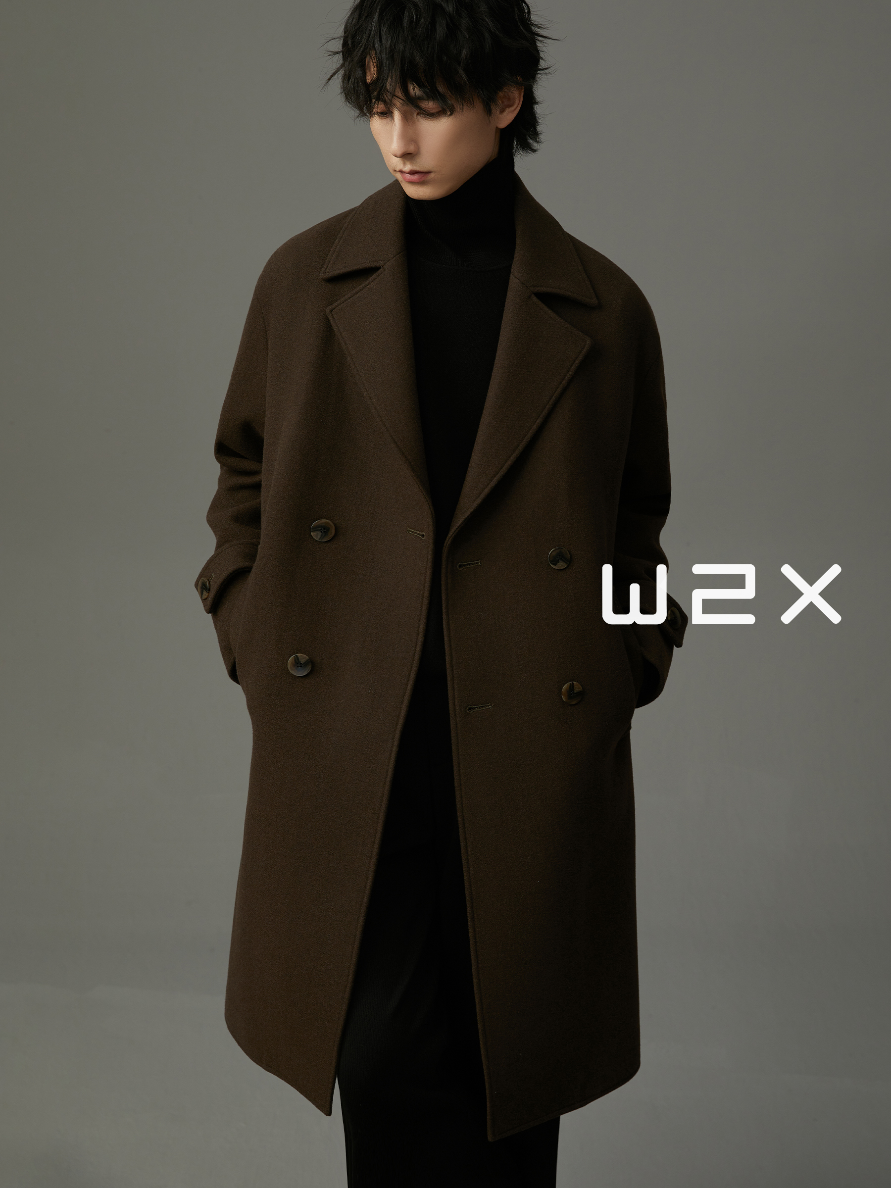 w2x冬季加厚款羊毛呢大衣男中长款高级感痞帅妮子风衣设计感外套