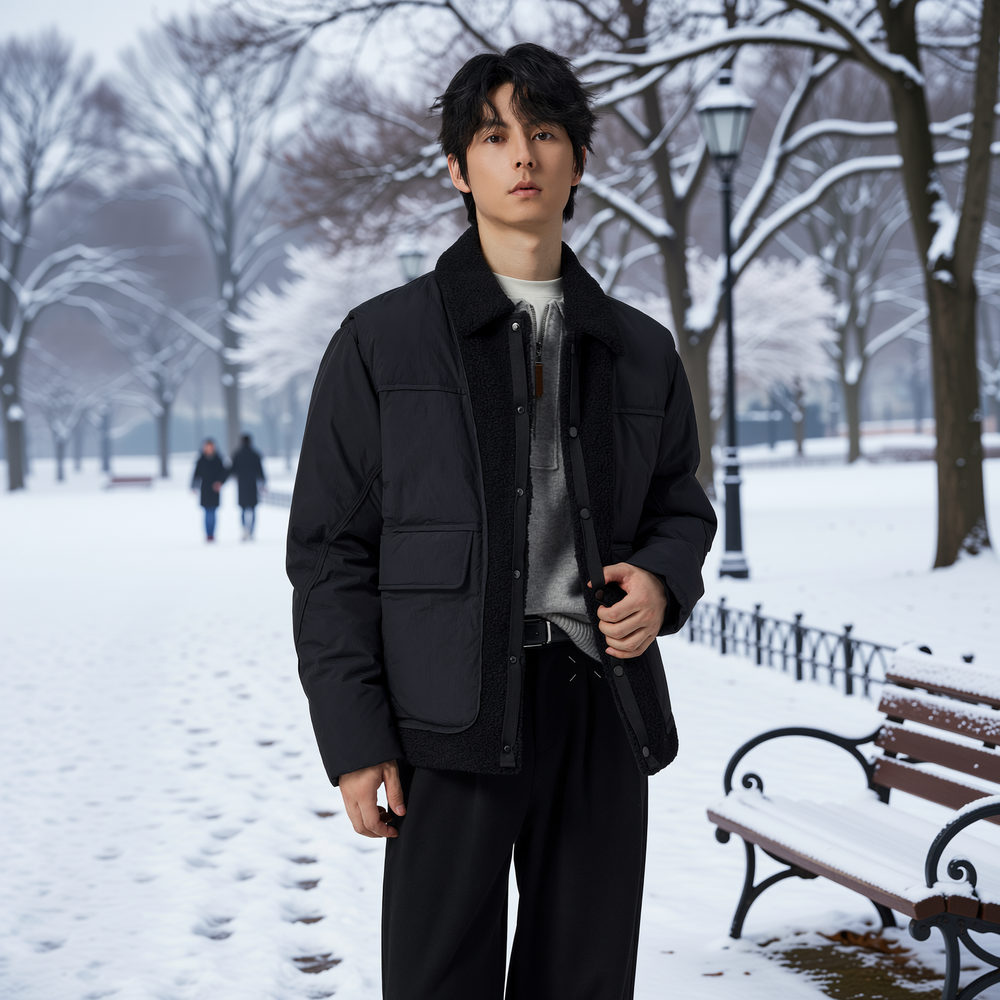 w2x90白鸭绒羽绒服短款冬季新款仿羊羔毛冬装加厚假两件工装外套