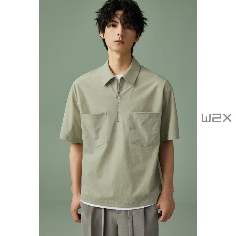 w2x夏季薄款速干polo领短袖衬衫男设计感宽松时尚百搭青年衬衣潮