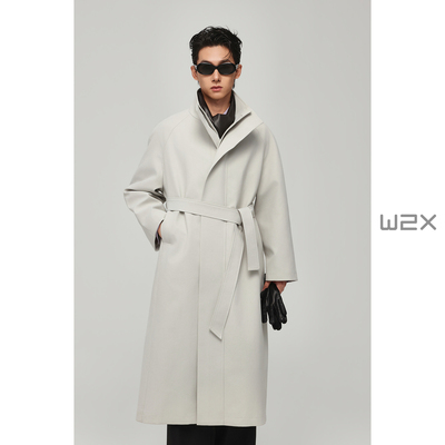 立领宽松腰带款风衣男长款