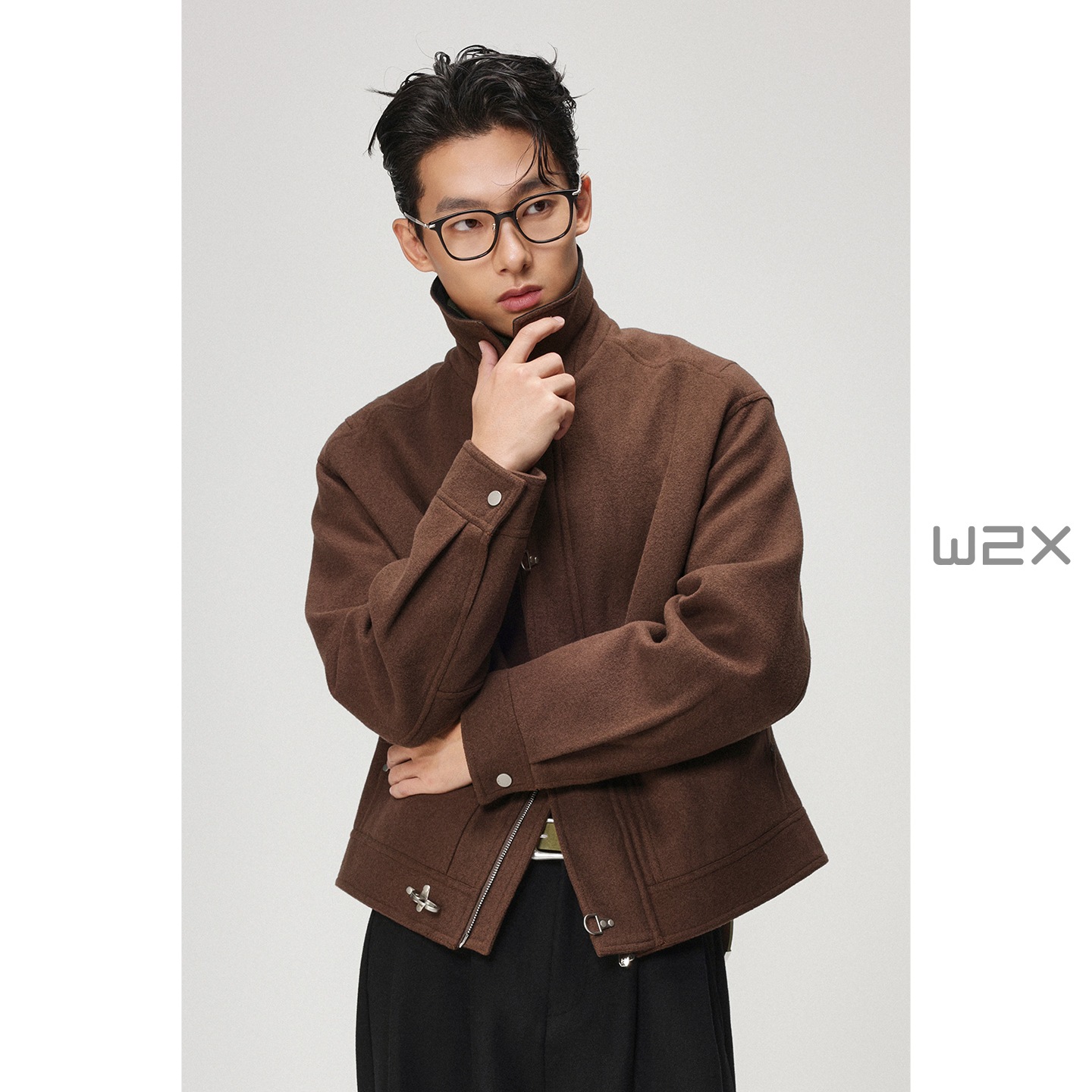 立领拼色飞机扣羊毛呢夹克外套