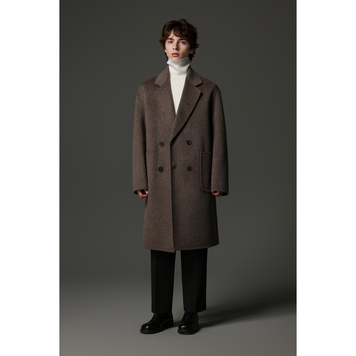 w2x冬季纯羊毛外套双面呢大衣男士西装领男装风衣中长款加厚纯色