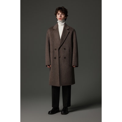 w2x冬季纯羊毛外套双面呢大衣男士西装领男装风衣中长款加厚纯色