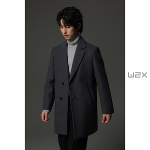 w2x秋冬季 高级感风衣外套 870g重磅平驳领垫肩羊毛呢子大衣中长款