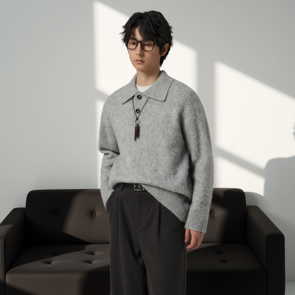 w2x日系毛呢针织衫男装长袖线衣秋冬季男士毛衣内搭打底加厚冬装