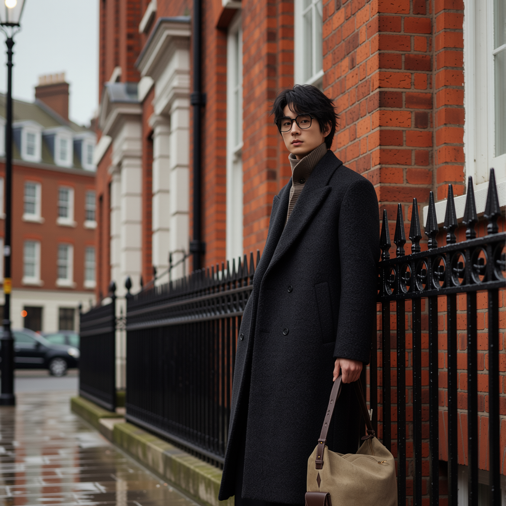 w2x日系双面毛呢大衣秋冬季新款西装加厚男士冬装外套风衣中长款