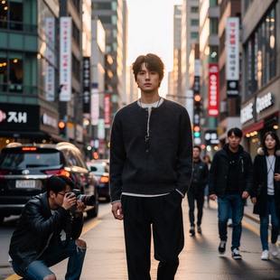 内搭毛衣线衣慵懒风上衣男士 假两件套头男款 羊毛针织衫 w2x秋冬季