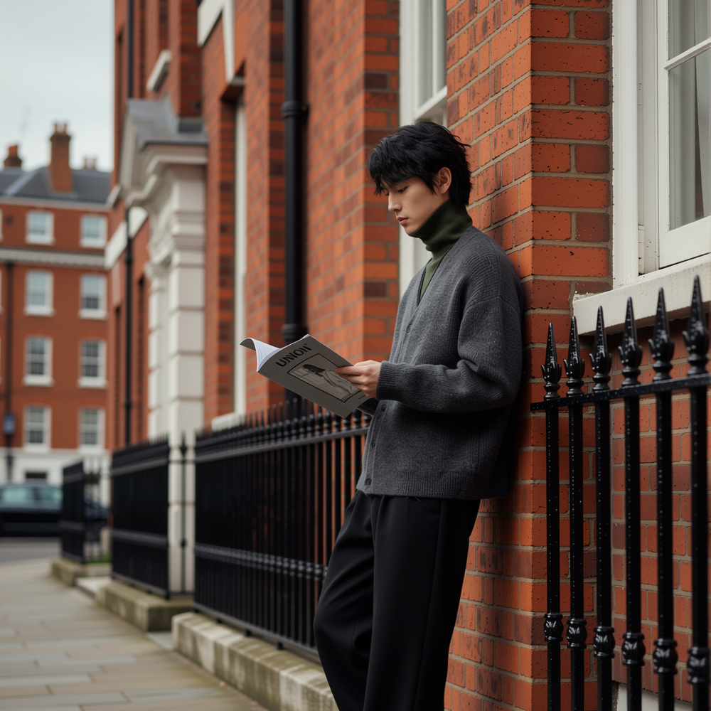 w2x针织开衫v领秋冬季宽松加厚毛线衣保暖男士冬装毛呢毛衣外套男