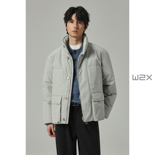w2x2025新款冬季落肩宽松工装羽绒服男短款立领外套美式休闲上衣