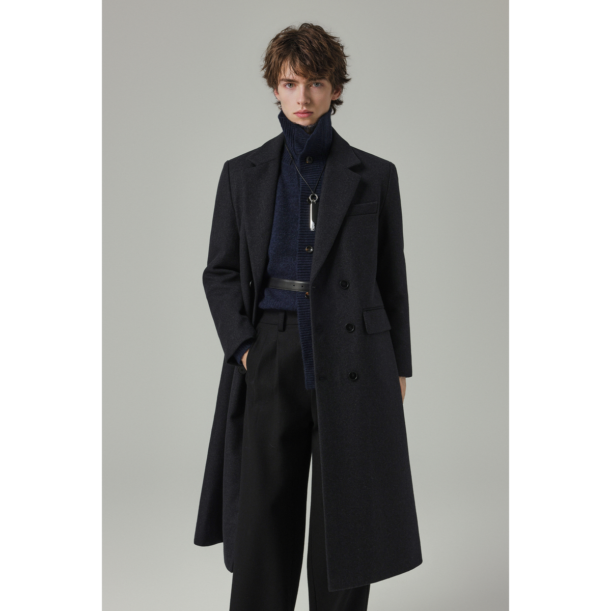 w2x秋冬季加厚羊毛呢子大衣纯色双面呢外套男士风衣中长款西装男